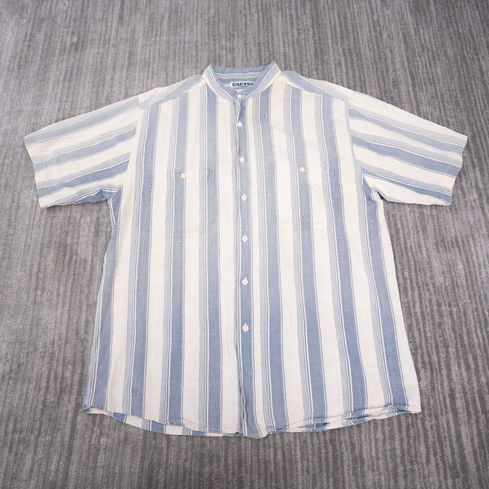 Cactus Clothing Button Up Mens Large Blue White Striped Band Collar Excellent